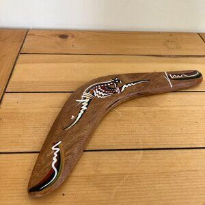 Aboriginal Australian Boomerang Hand Painted Kangaroo Design Signed OJR 12"